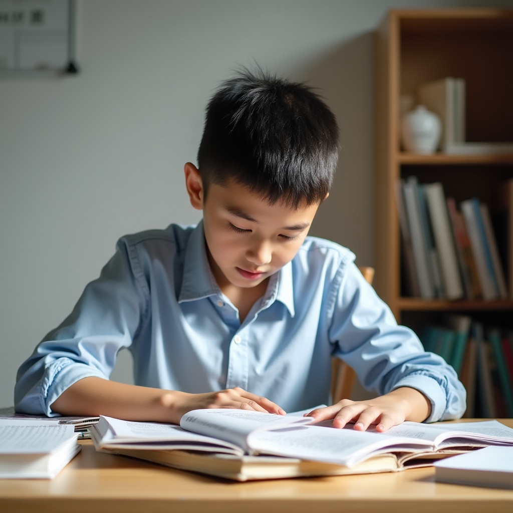 Студент читает книгу за рабочим столом